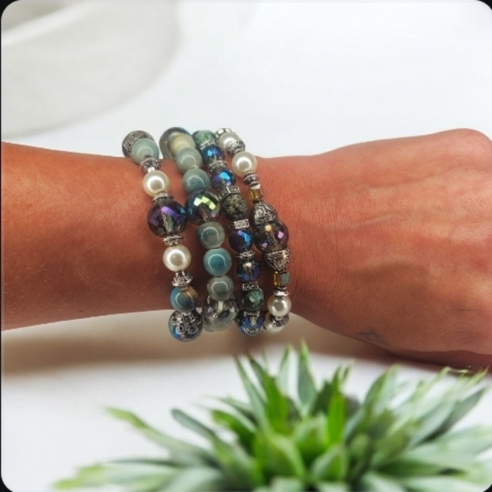 Swarovski crystal, turquoise and jade stacked bracelets